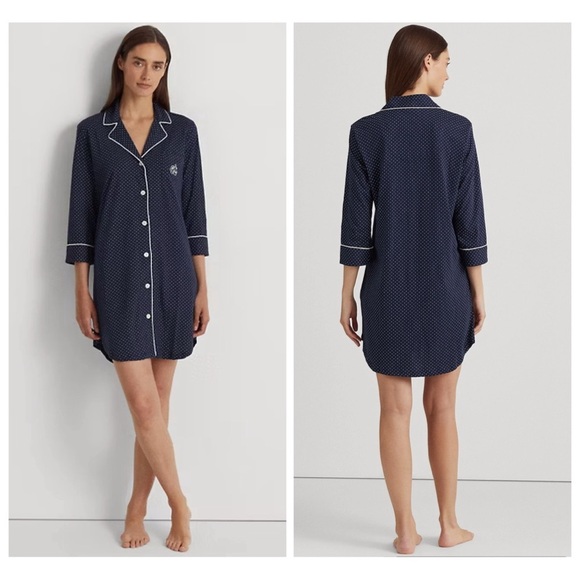 Lauren Ralph Lauren Knit Notch Collar Cotton Sleep Shirt Navy Polka Dot Size M - Picture 1 of 13